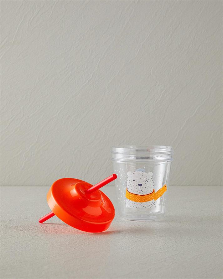 Cană cu pai pentru copii, Polar Bear, 350 ml, tritan, portocaliu