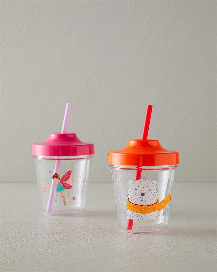 Cană cu pai pentru copii, Polar Bear, 350 ml, tritan, portocaliu