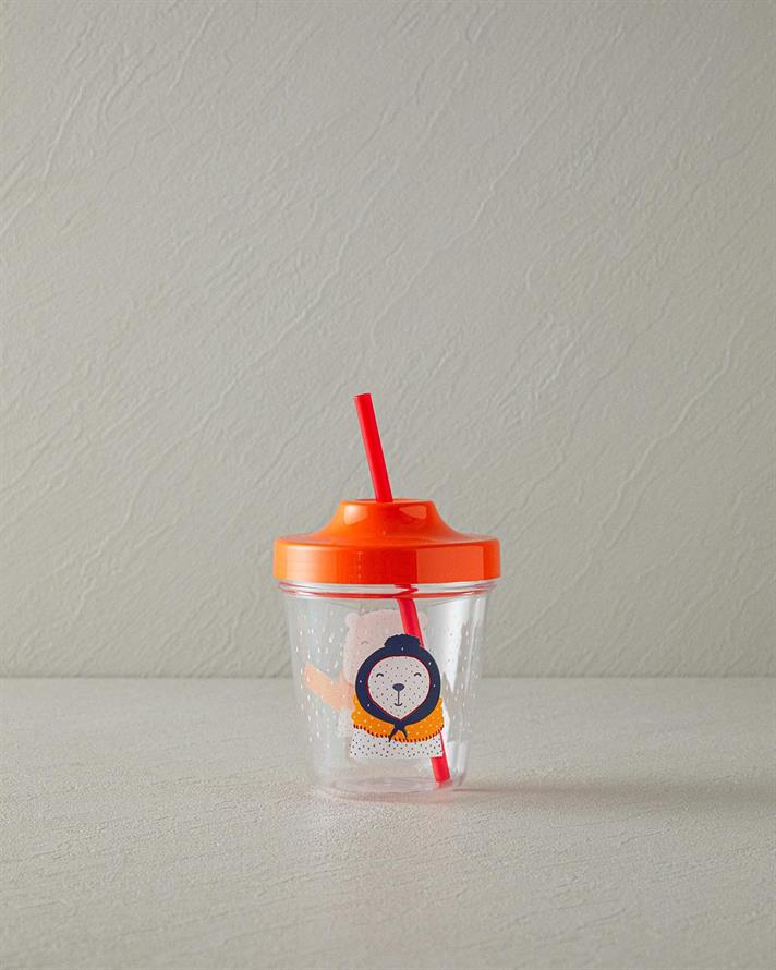 Cană cu pai pentru copii, Polar Bear, 350 ml, tritan, portocaliu