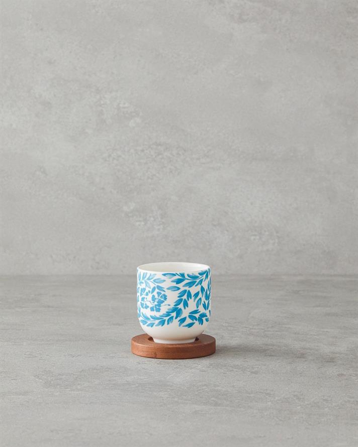 Cana cu suport din lemn, Carnival Floral, ceramica, 110 ml, bleu