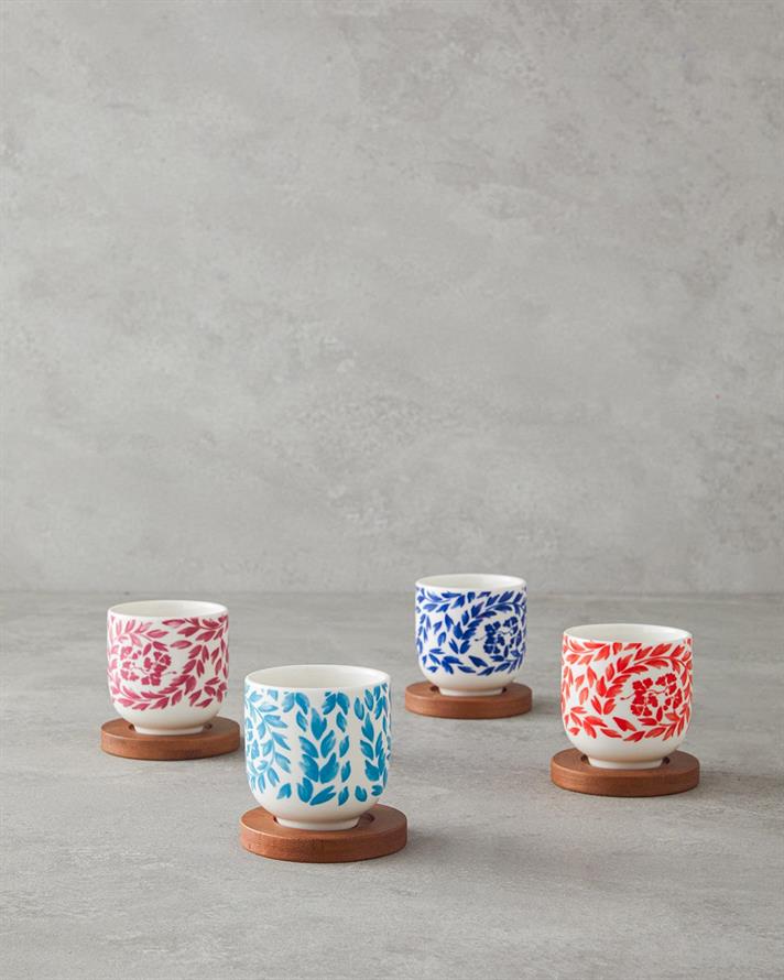 Cana cu suport din lemn, Carnival Floral, ceramica, 110 ml, bleu