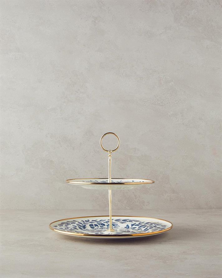 Platou de servire etajat, Carnival Floral, email, 21x29 cm, alb-bleumarin