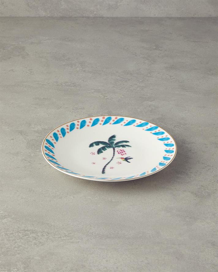 Carnival Palm Porțelan Bone Farfurie De Tort 20 cm Albastru - Verde.