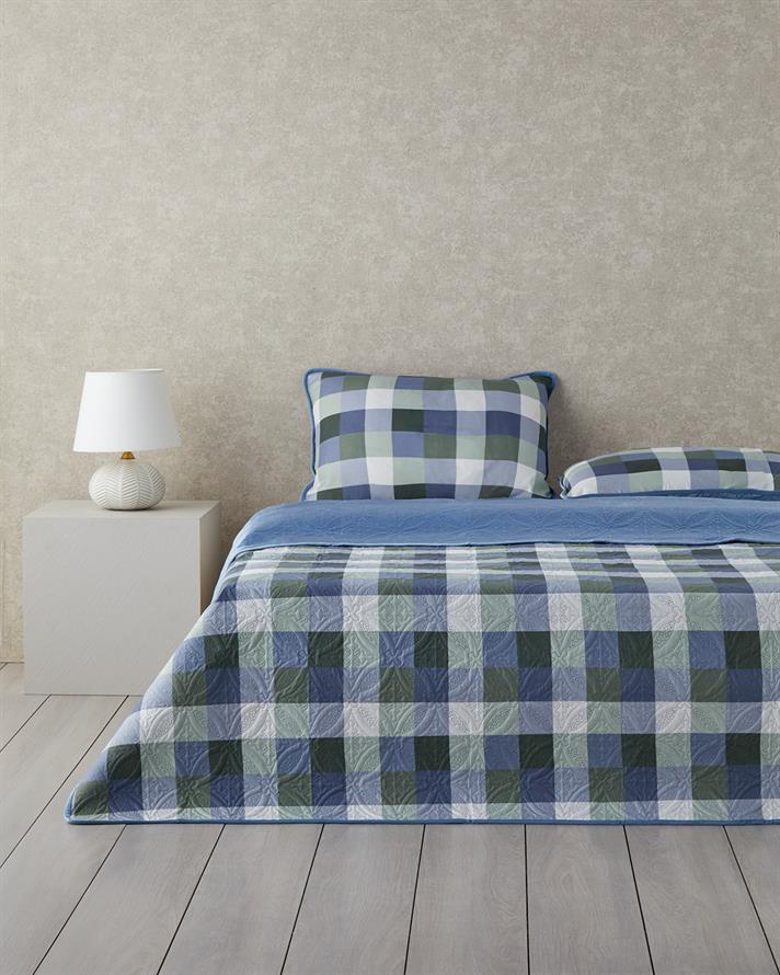Set cuvertura pat reversibila cu fete de perna, pentru doua persoane, Ornate Check, catifea, 200x220 cm/50x70 cm, albast