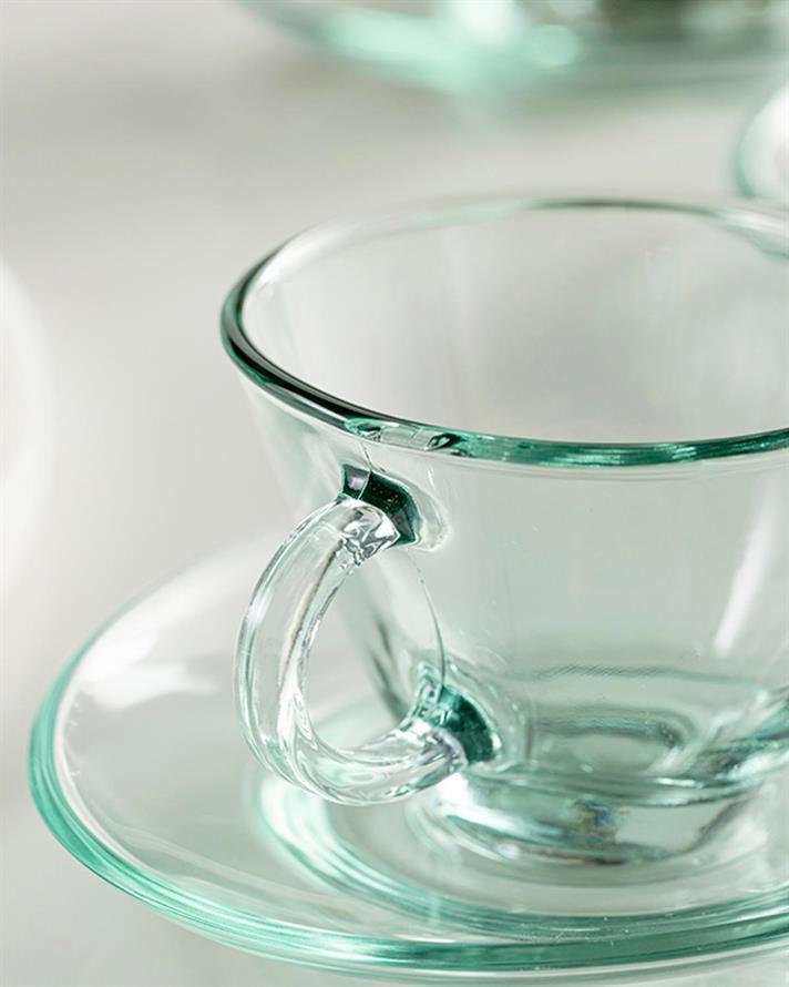 Ceașcă de cafea cu farfurie, Paşabahçe Aware - Pe, sticlă, 98 ml, verde - transparent