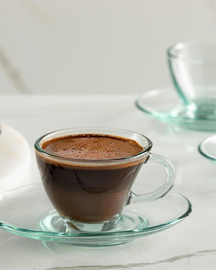 Ceașcă de cafea cu farfurie, Paşabahçe Aware - Pe, sticlă, 98 ml, verde - transparent