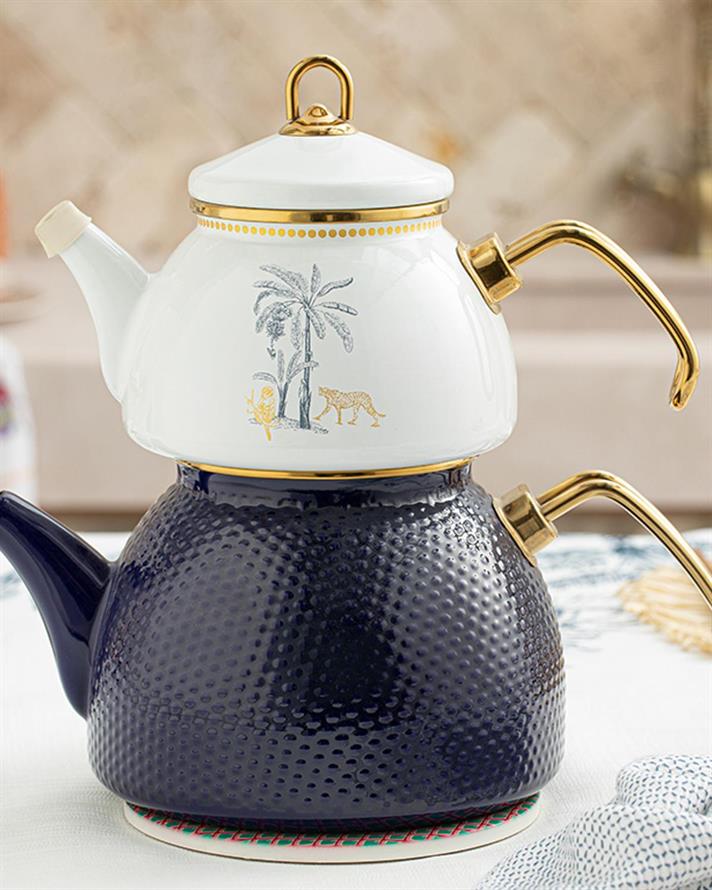 Toile Botanical Enamel Tea Pot 1,1 Litre + 2,3 Litre Dark Blue - White