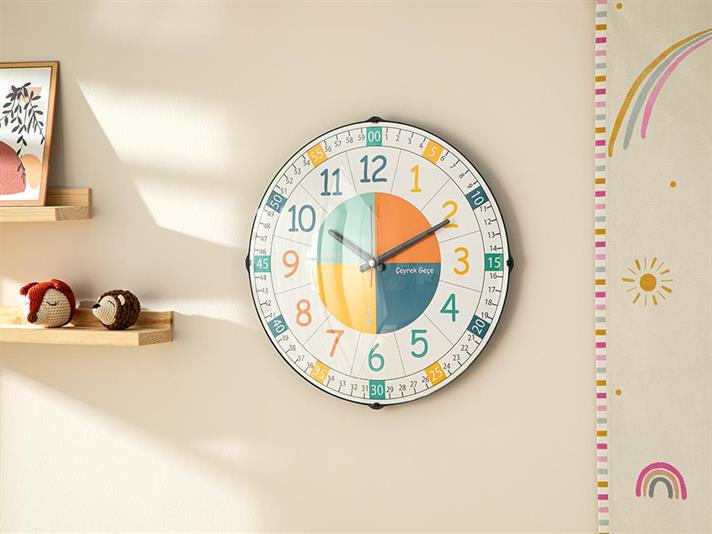 Ceas de perete pentru copii, Çocuk Eğitici, 35x35 cm, sticlă, bleu