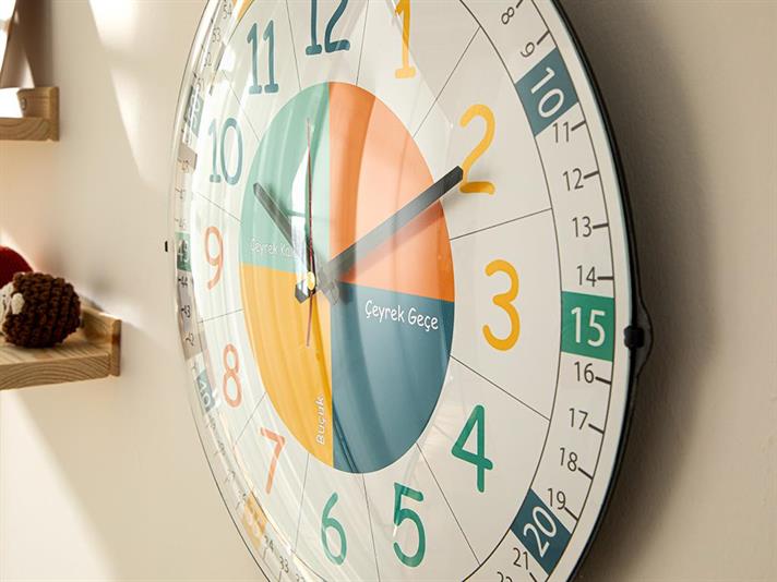 Ceas de perete pentru copii, Çocuk Eğitici, 35x35 cm, sticlă, bleu