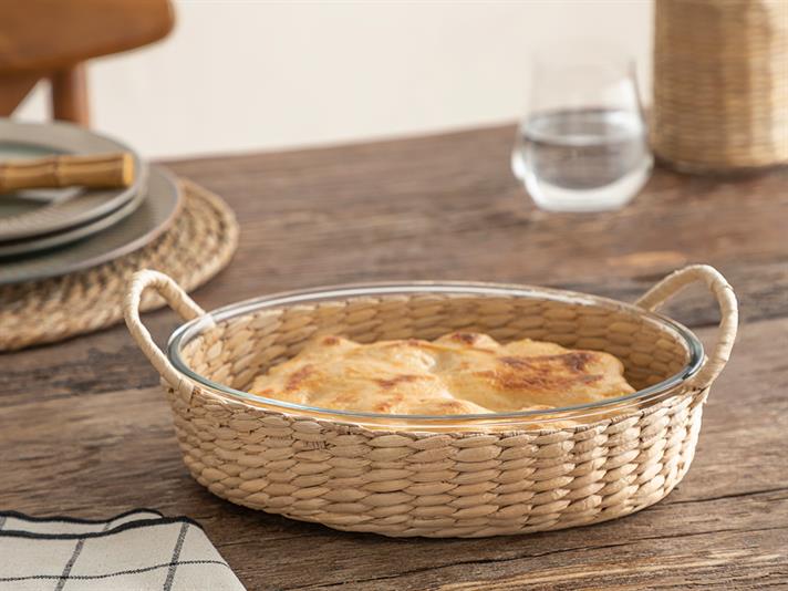 Platou cu înveliș de răchită, Check Natural, sticlă, 26 cm, transparent