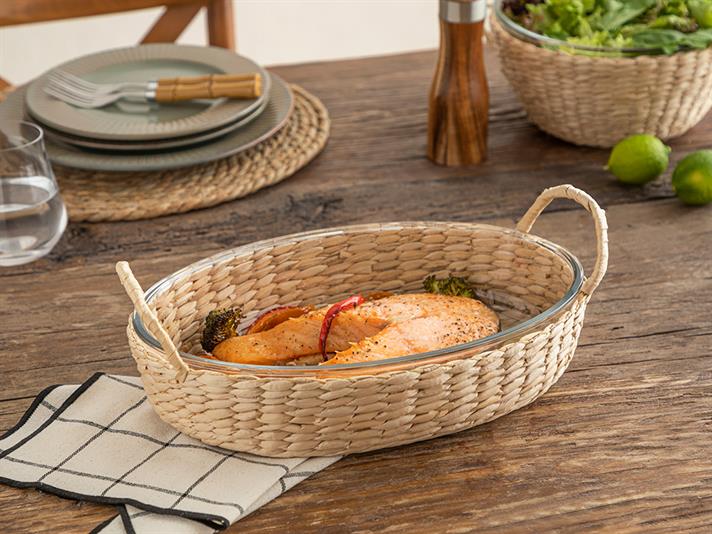 Platou cu înveliș de răchită, Check Natural, sticlă, 31 cm, transparent