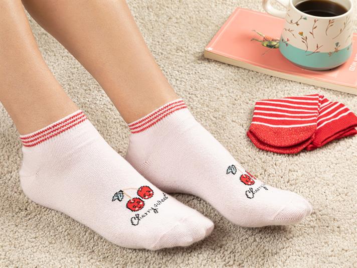 Sweet Cherry Cotton 2-set Women Ankle Socks Standart Red-Pink