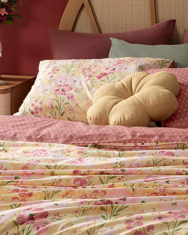 Clarkia, Set husă de pilotă cu față de pernă, pentru o persoană, bumbac, 160x220 cm/ 50x70 cm, galben