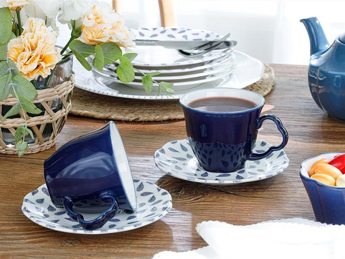 Clover Leaf Porcelain 4 Parça 2 Kişilik Tea Cup Set 180 ml White-Blue
