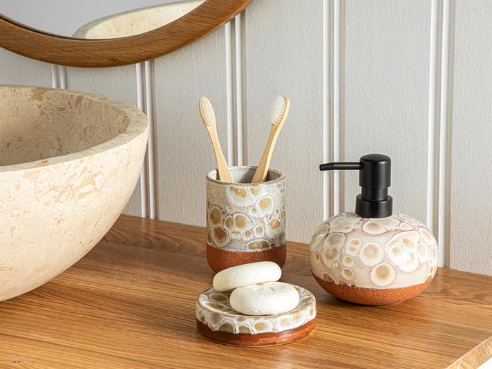 Set 3 accesorii de baie, Coastal, ceramică, 11x13 + 7,5x9,5 + 10x2,5 cm, crem
