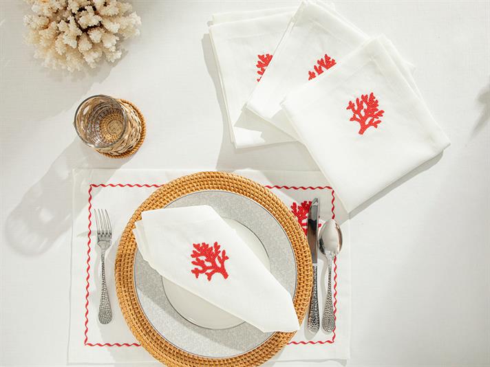 Set 4 șervete, Coral Reef, poliester, 45x45 cm, alb - roșu