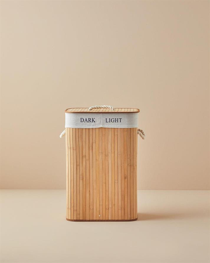 Cos de rufe pliabil cu doua compartimente, Fancy, bambus, 40x30x60 cm, bej