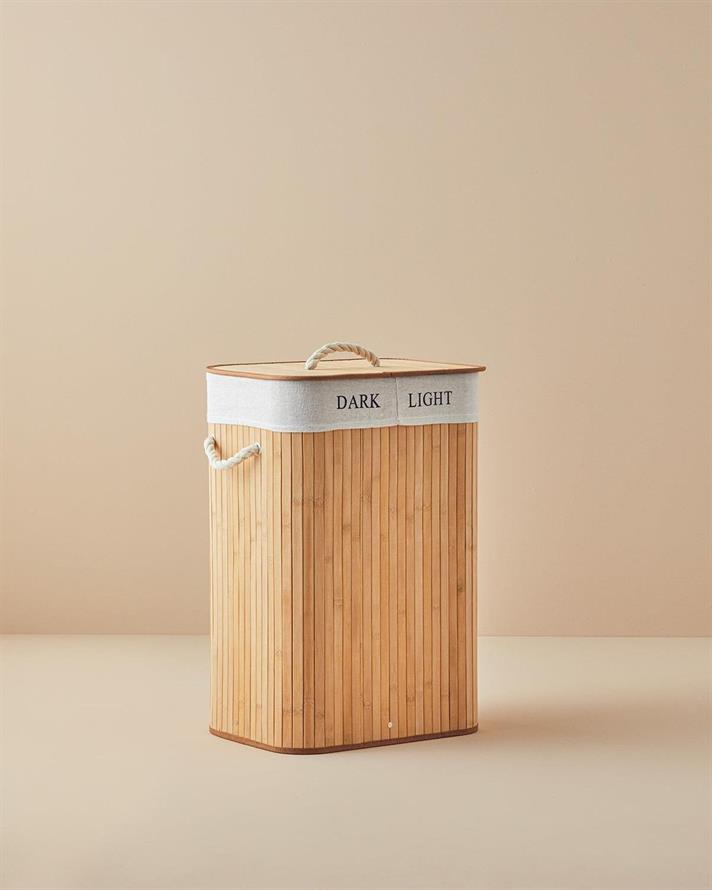 Cos de rufe pliabil cu doua compartimente, Fancy, bambus, 40x30x60 cm, bej