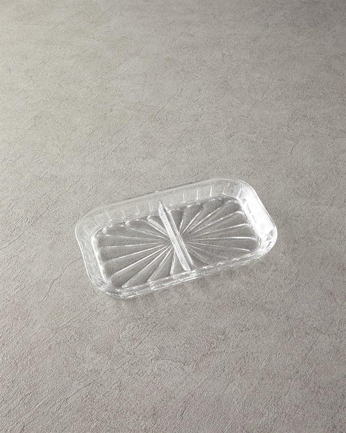 Platou servire aperitive cu 2 compartimente, Cosmos, sticla, 25x15 cm, transparent