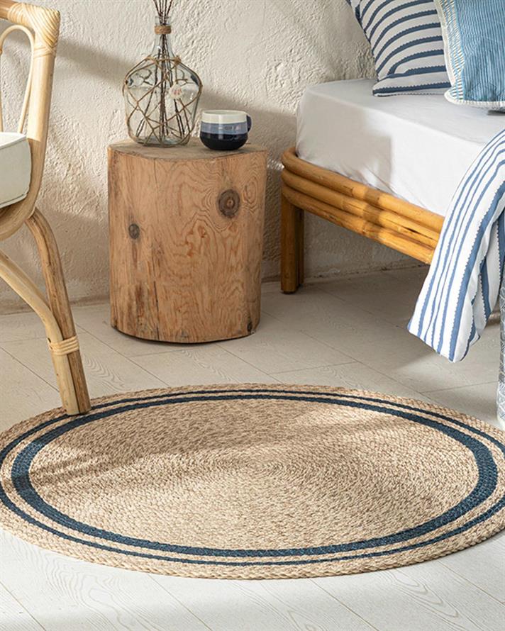 Covor decorativ, Daina, 90 cm, iută, natural-bleu