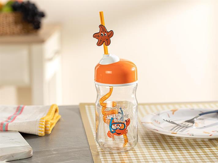 Crab Glass Kids Bottle With Straw 370 ml Orange,