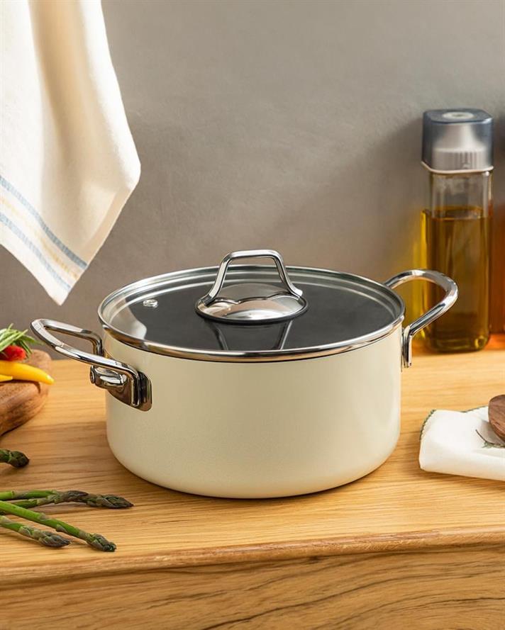 Cratiță antiaderentă cu capac, Excellence, aluminiu, 20 cm, crem