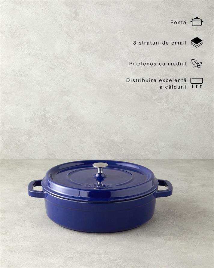 Cratita joasa cu capac, Hecha, fonta, 28 cm, bleu
