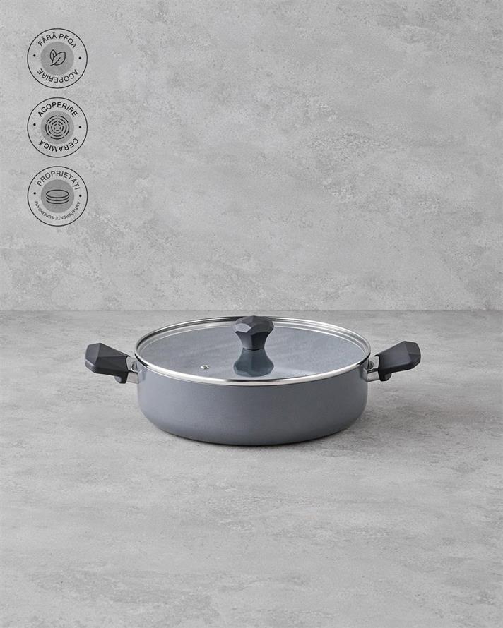 Cratita joasa cu capac, Prego, ceramica, 26 cm, gri