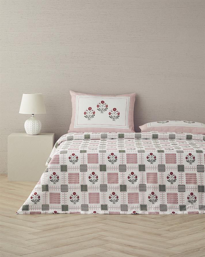 Set husa de pilota cu fete de perna pentru doua persoane, Floral Grid, bumbac, 200x220 cm/50x70 cm, roz