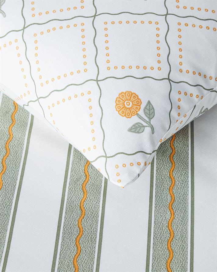 Set husa de pilota cu fete de perna, pentru doua persoane, Ornament Blossom, bumbac, 200x220 cm/50x70 cm, verde-galben