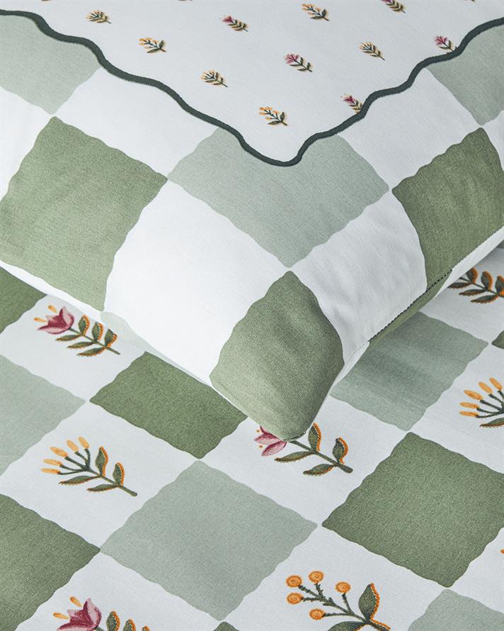 Set husa de pilota cu fete de perna, pentru doua persoane, Crocus Flora, bumbac, 200x220 cm/50x70 cm, verde