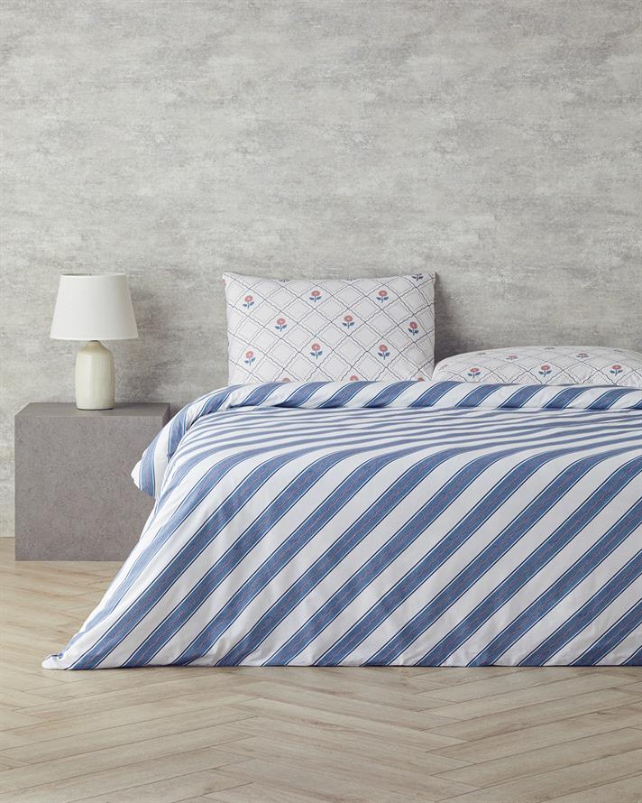 Set husa de pilota cu fete de perna, pentru doua persoane, Ornament Blossom, bumbac, 200x220 cm/50x70 cm, bleu - roz