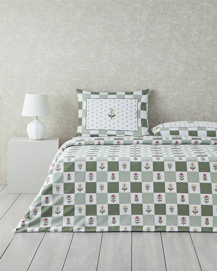 Set husa de pilota cu fata de perna, pentru o persoana, Crocus Flora, bumbac, 160x220 cm/50x70 cm, verde