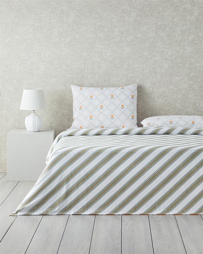 Set husa de pilota cu fata de perna, pentru o persoana, Ornament Blossom, bumbac, 160x220 cm/50x70 cm, verde-galben