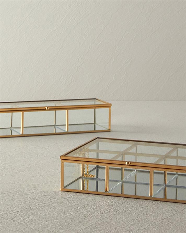 Cutie de bijuterii cu compartimente, Glossy, sticla, 27x8,2x5,7 cm, auriu