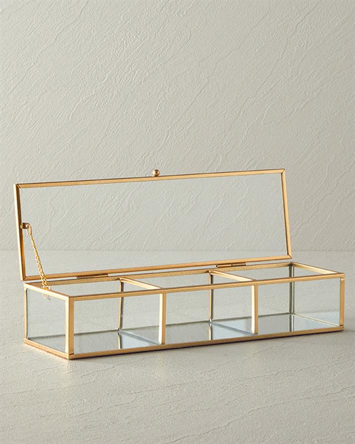 Cutie de bijuterii cu compartimente, Glossy, sticla, 27x8,2x5,7 cm, auriu