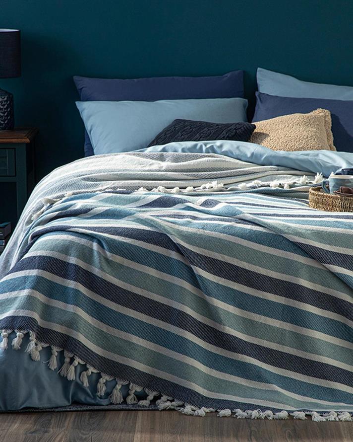 Cuvertură pat, pentru o persoană, Colorful Lines, bumbac-acril, 160x240 cm, verde - bleu