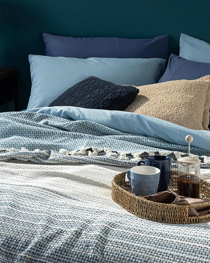 Cuvertură pat, pentru o persoană, Stravage, bumbac-acril, 160x240 cm, bleu