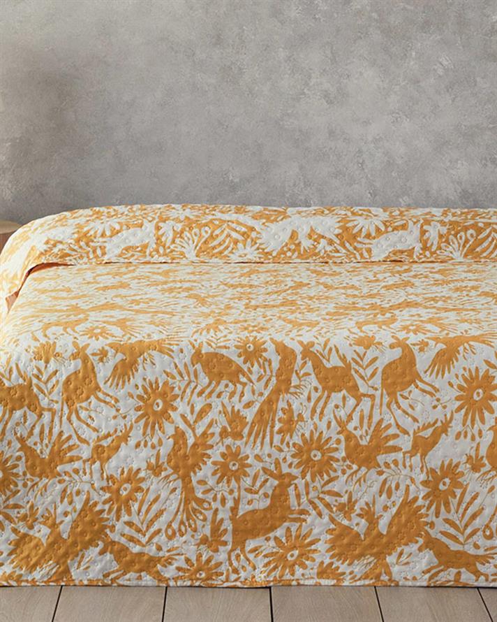 Cuvertura pat pentru doua persoane, Folk Jungle, poliester, 200x220 cm, galben