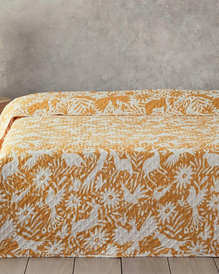 Cuvertura pat pentru doua persoane, Folk Jungle, poliester, 200x220 cm, galben