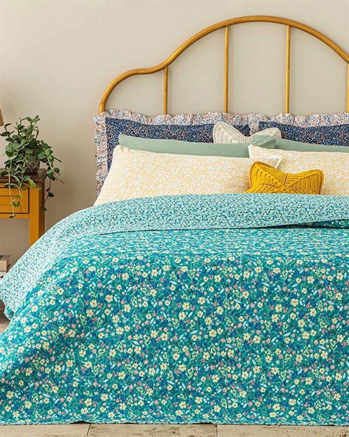 Cuvertura pat reversibila King size, Fresh Blossom, poliester, 240x220 cm, verde
