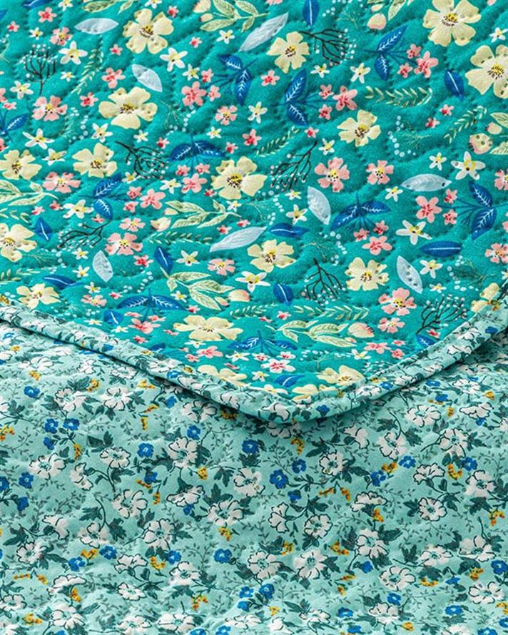 Cuvertura pat reversibila King size, Fresh Blossom, poliester, 240x220 cm, verde