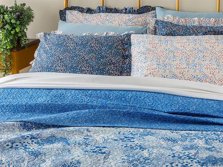 Cuvertura pat reversibila King size, Peaceful Garden, poliester, 240x220 cm, bleu