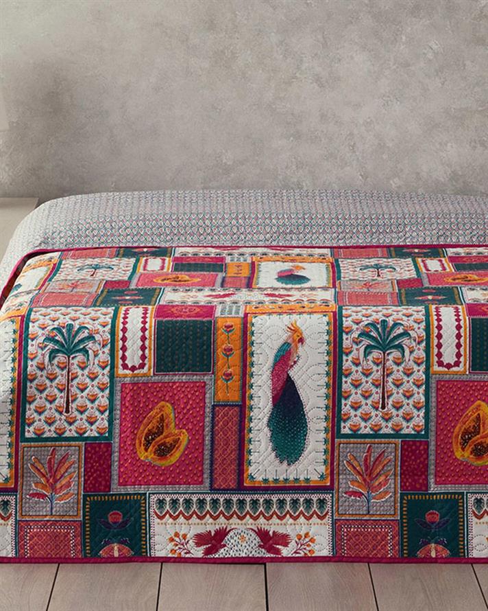 Cuvertura pat reversibila King Size, Tropic Patch, poliester, 240x220 cm, roz inchis