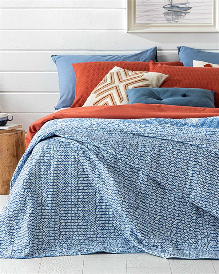 Cuvertura pat reversibila pentru doua persoane, Coastal Patch, poliester, 200x220 cm, bleu