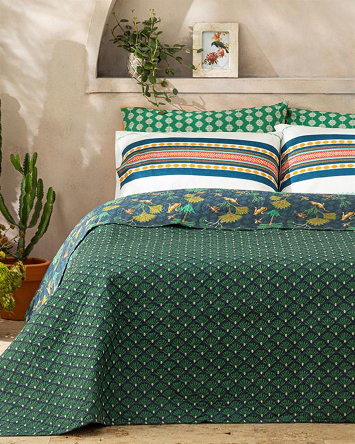 Cuvertura pat reversibila pentru doua persoane, Wild Wood, poliester, 200x220 cm, albastru petrol-verde