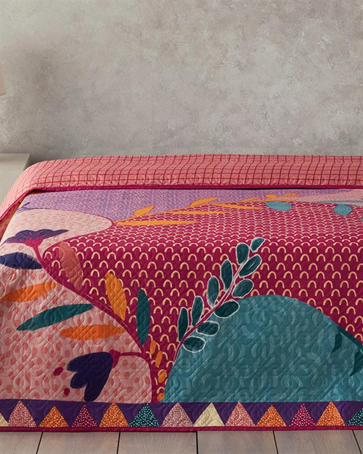 Cuvertura pat reversibila pentru doua persoane, Summer Dreams, poliester, 200x220 cm, roz