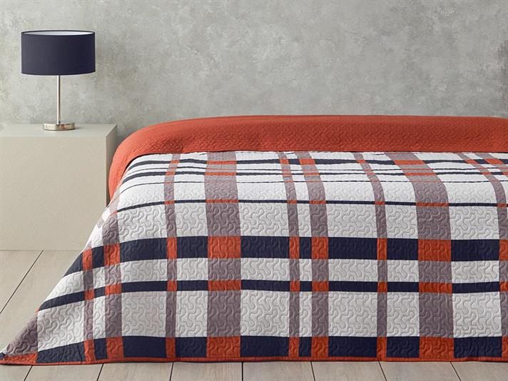 Cuvertura pat reversibila pentru doua persoane, Flare Check, poliester, 200x220 cm, terracotta