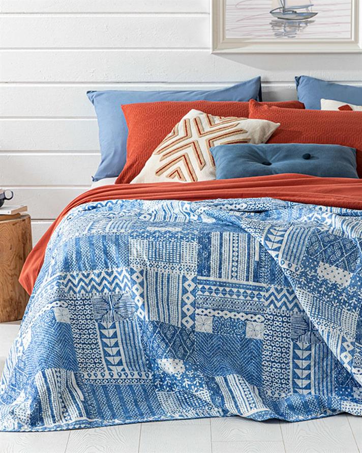 Cuvertura pat reversibila pentru doua persoane, Coastal Patch, poliester, 200x220 cm, bleu