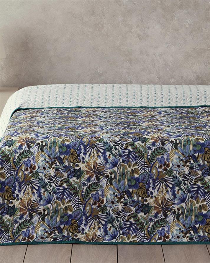 Cuvertura pat reversibila pentru doua persoane, Floral Charm, poliester, 200x220 cm, bleu